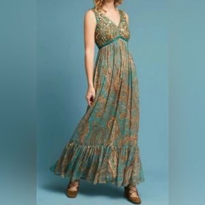 Ranna Gill Anthropologie Green Golden Sequin Maxi Dress